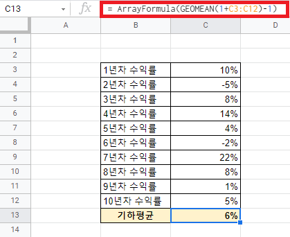 스프레드시트 매년 수익율 표로부터 CAGR을 구하는 방법